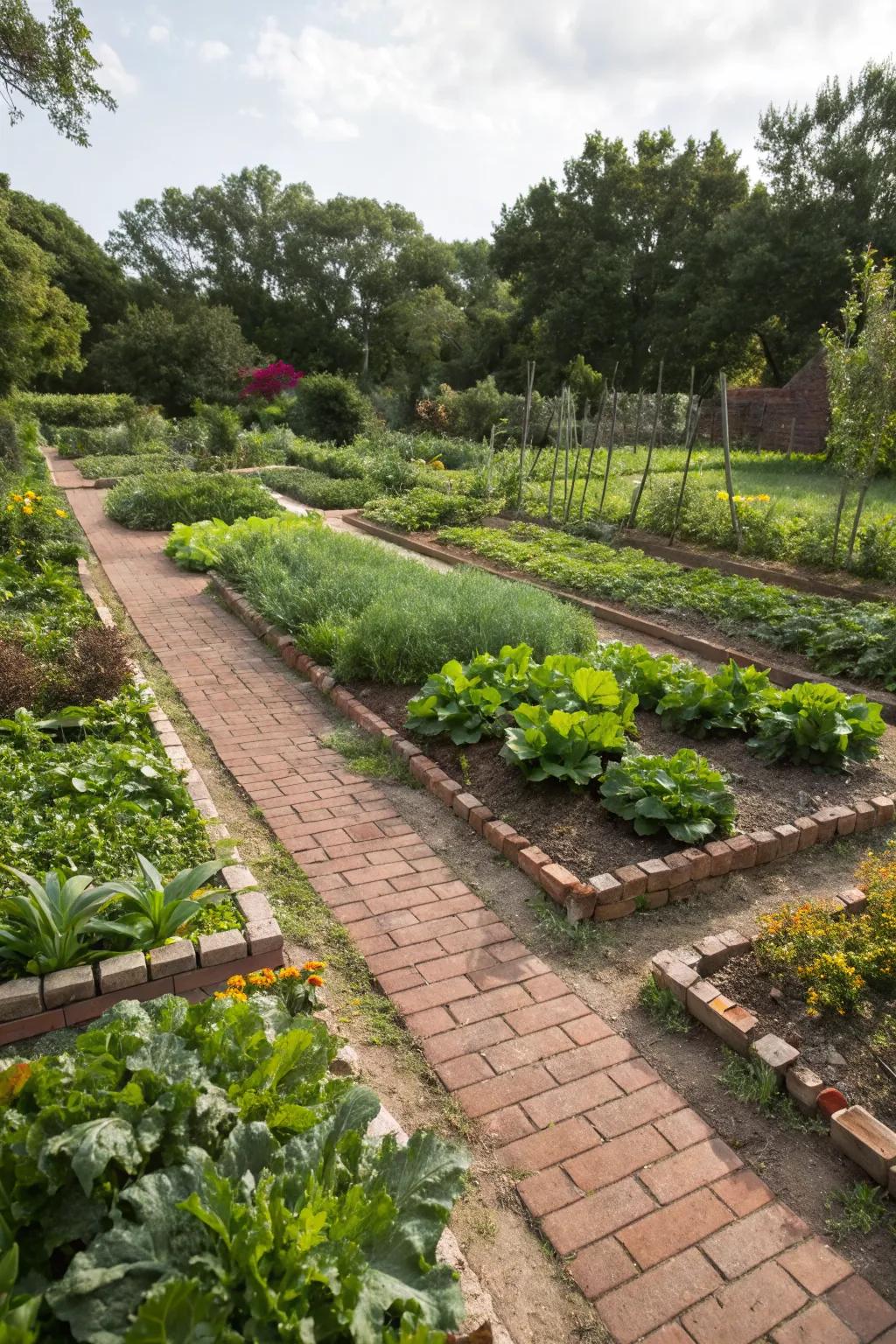 Organize your vegetable garden with rustic brick paver walkways.