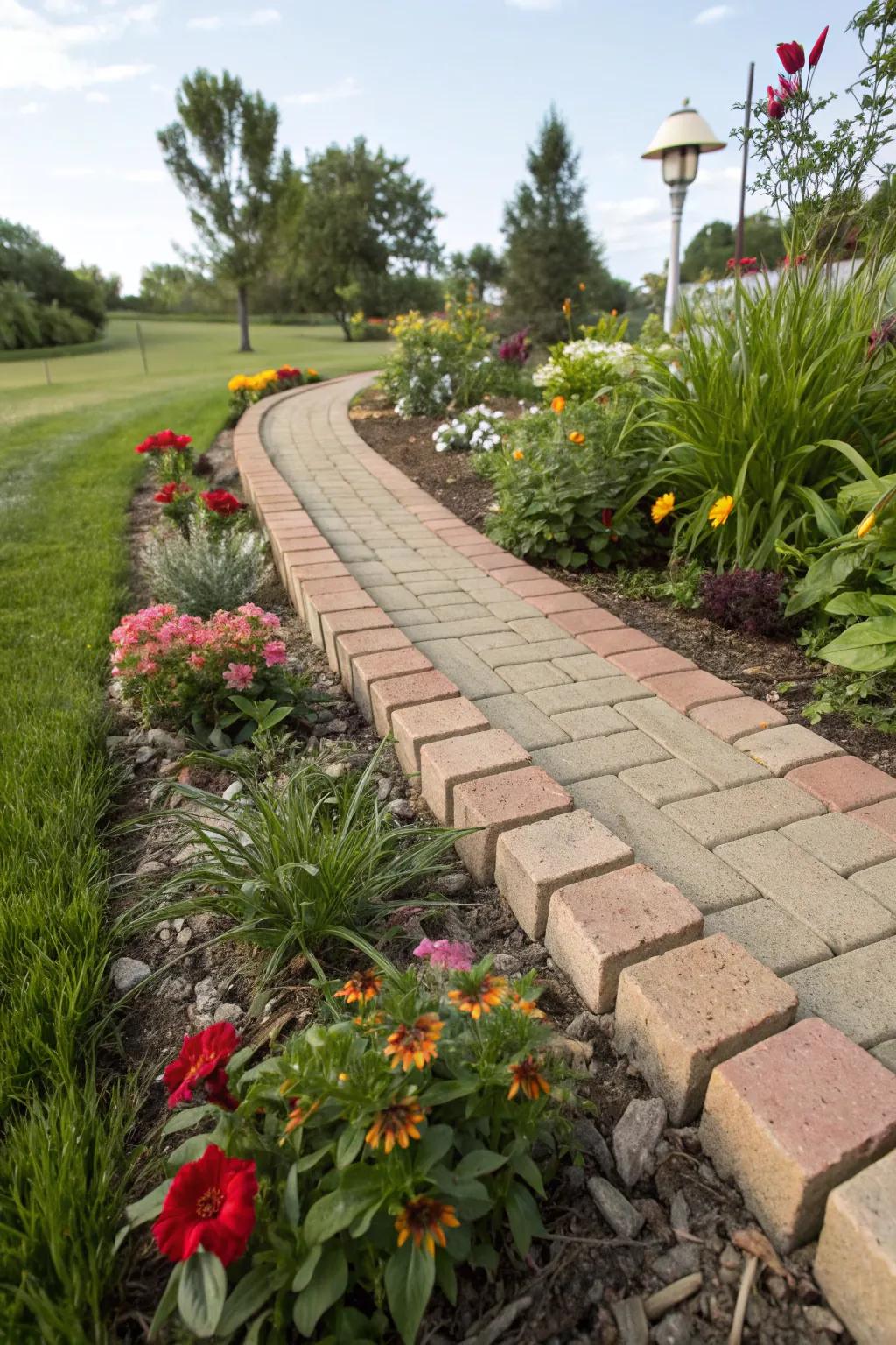 A garden bed border featuring a soldier course brick paver pattern.