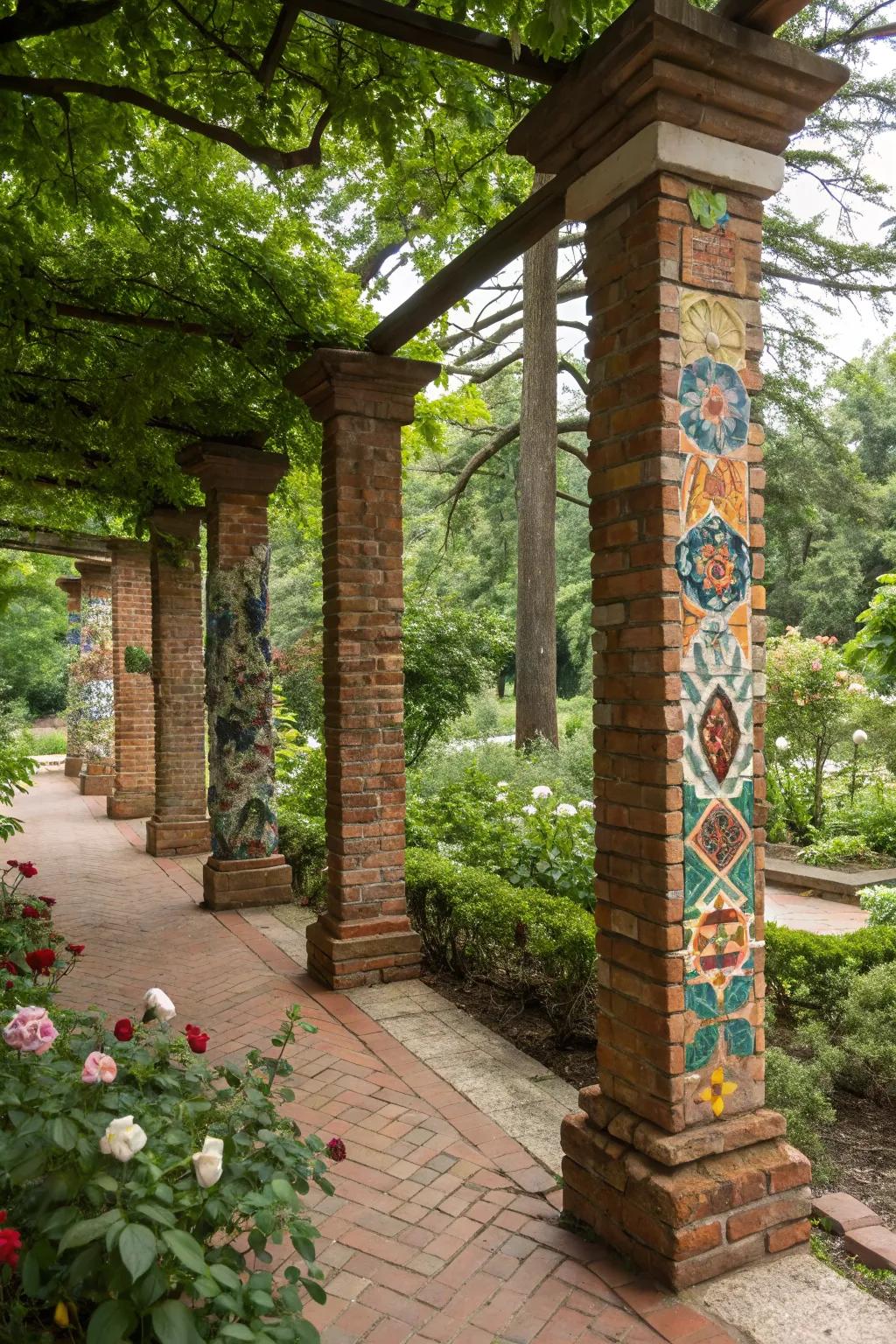 Brick pillars featuring colorful mosaic tiles, adding an artistic touch.