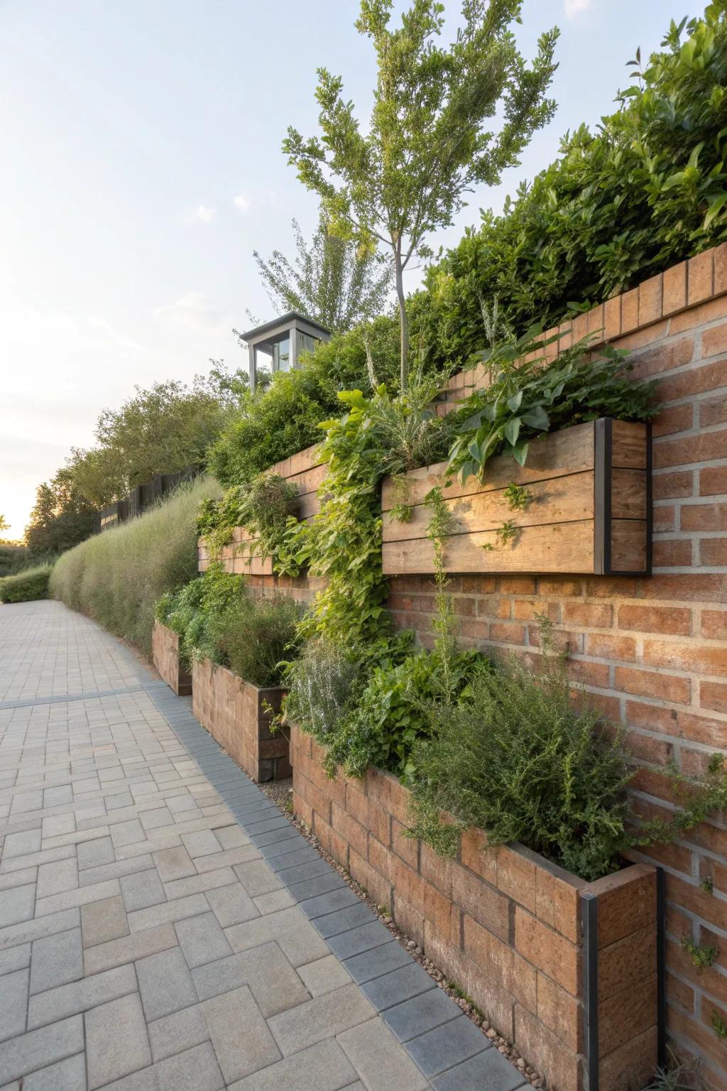 A brick planter wall with hidden storage for a tidy garden space.