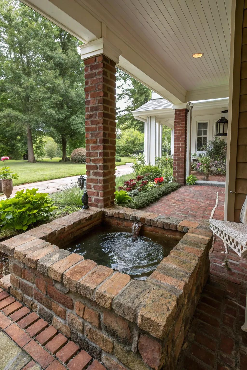 Tranquil water feature on a brick porch.