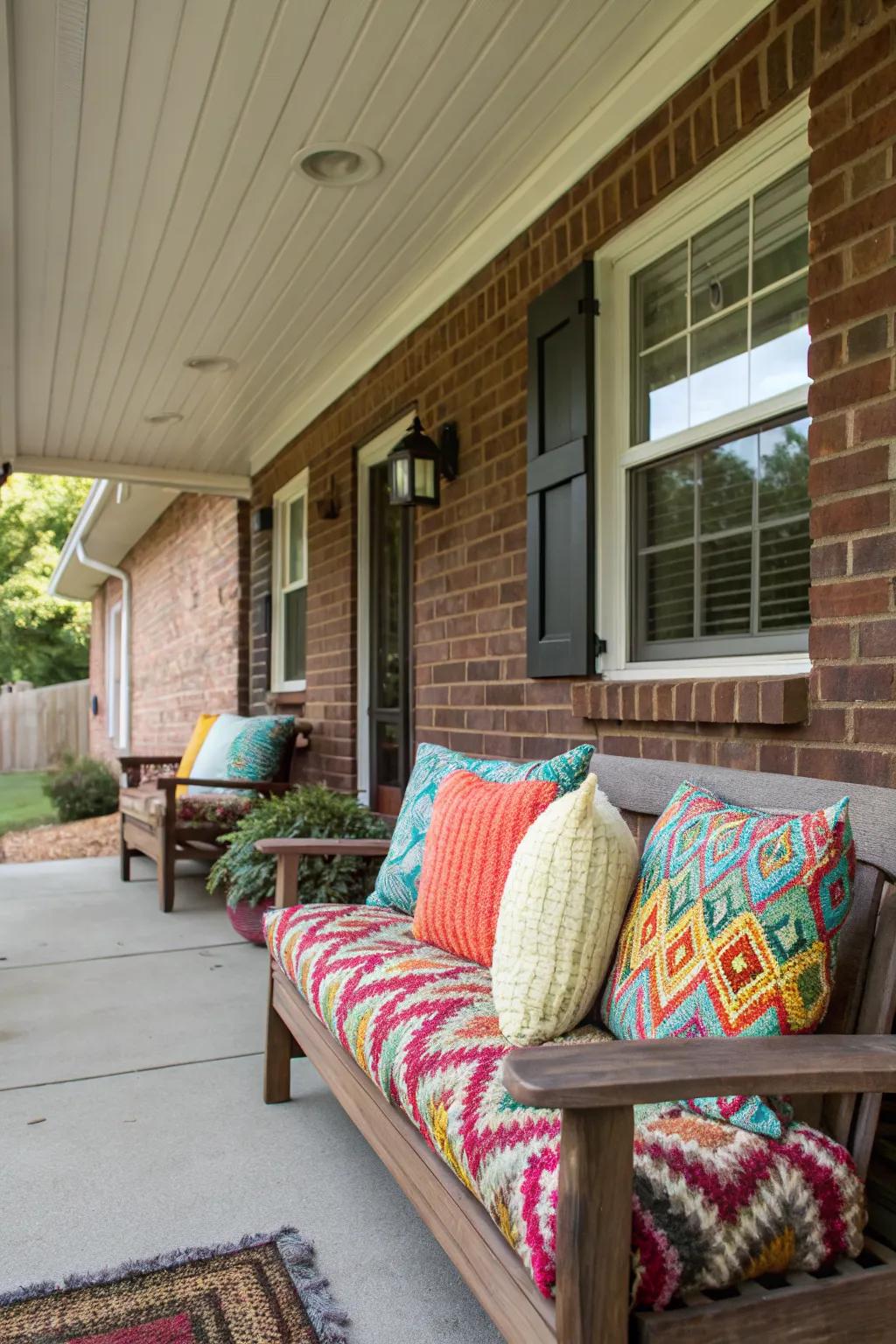 Textured throw pillows enhance the comfort and style of the porch.