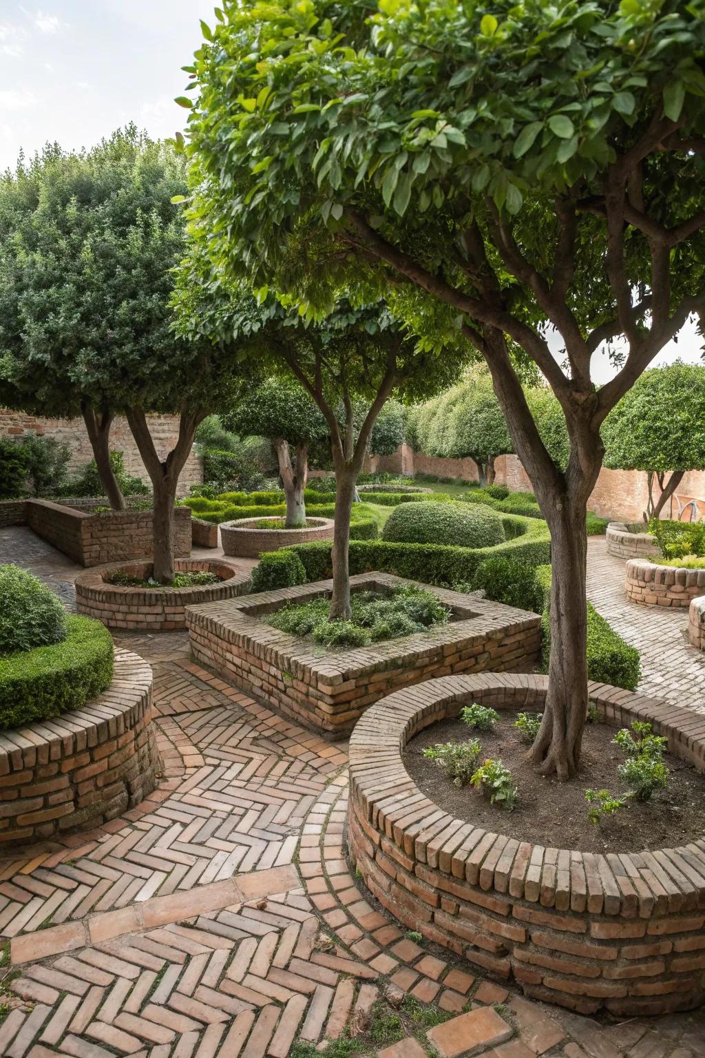 Different brick patterns around trees create contrast and highlight each tree.