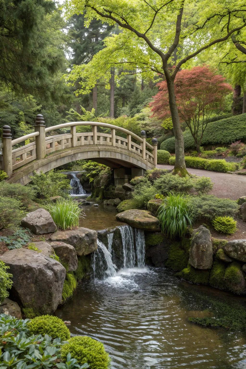 A garden bridge adds charm to a waterfall setting.