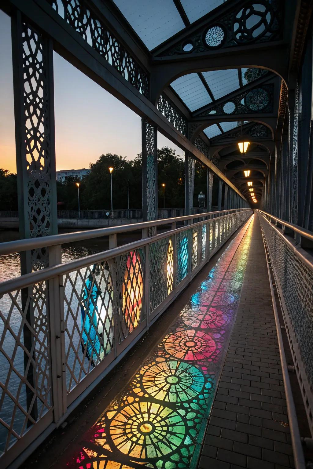 Patterned glass inserts add sophistication and color to these railings.