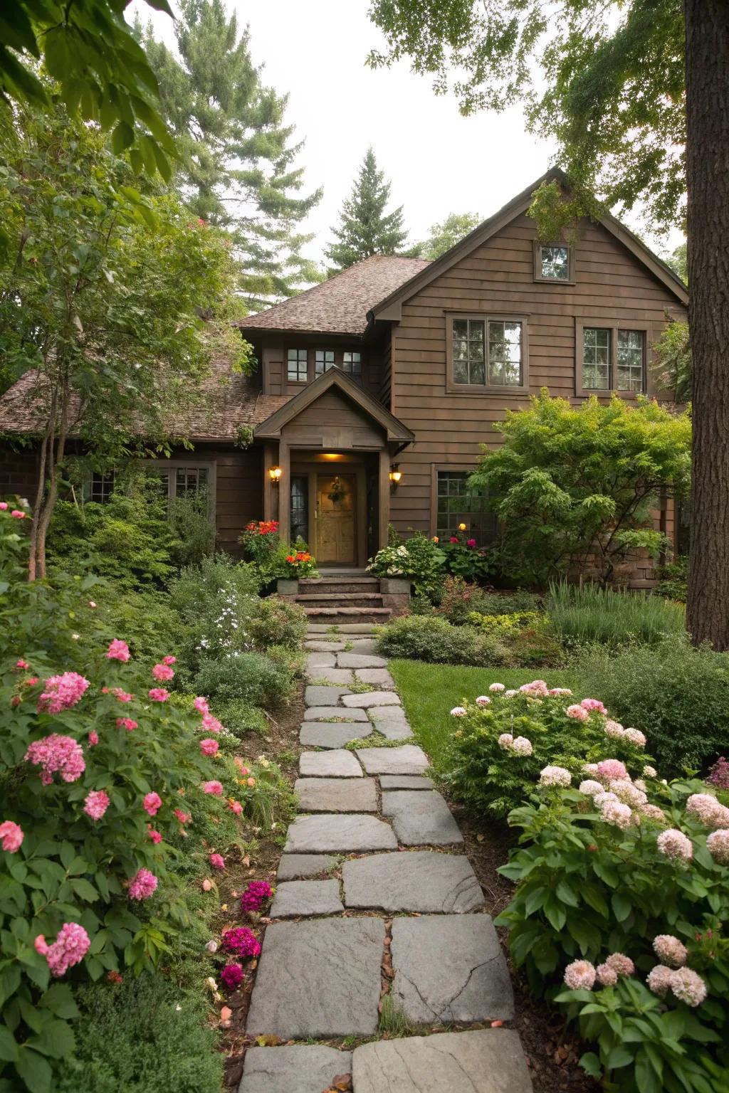 Stone pathways complement the earthy charm of a brown facade.