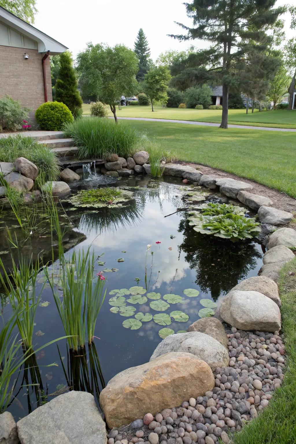 A small pond creates a tranquil focal point.