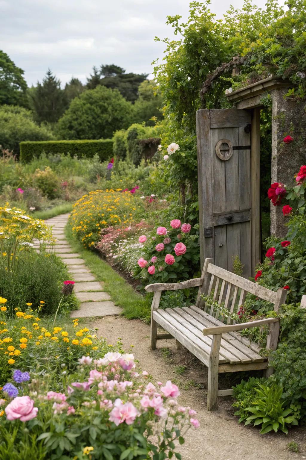 Old door benches offer a vintage feel to garden seating.