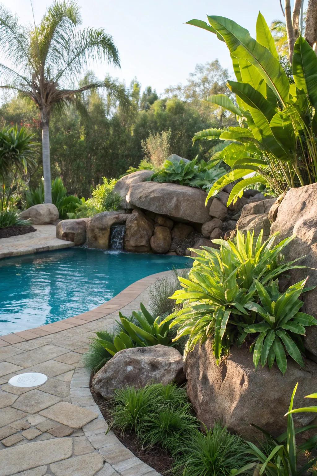 A poolside oasis enhanced with bull rocks, blending pool and garden spaces.