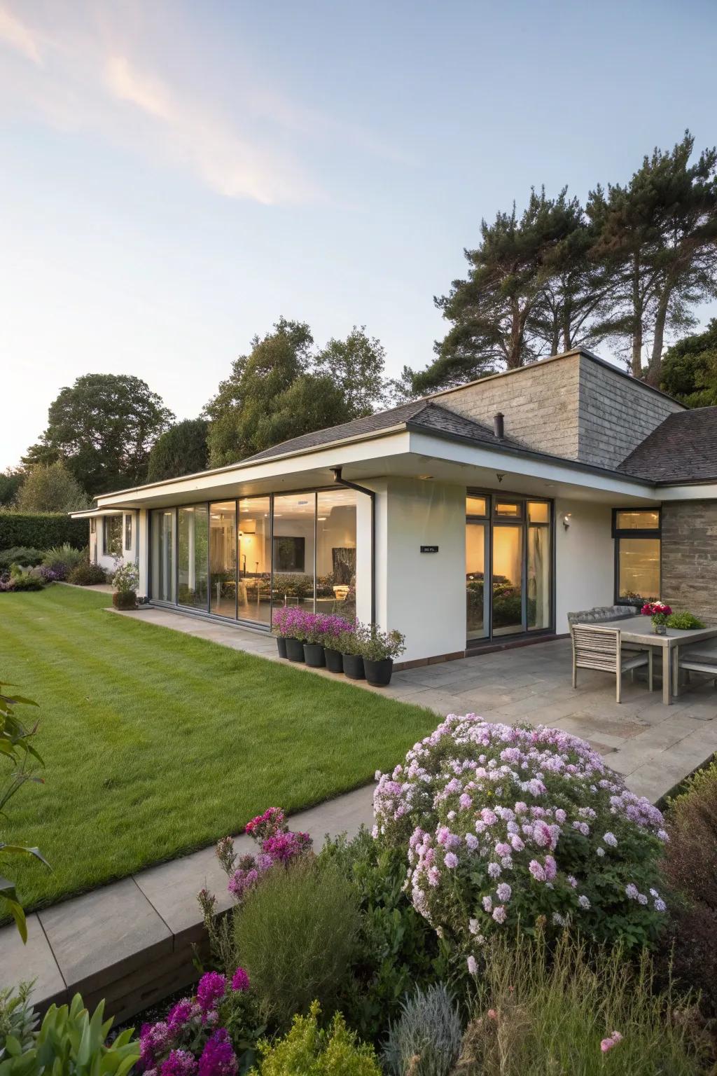 A bungalow with a sleek, flat roof extension.