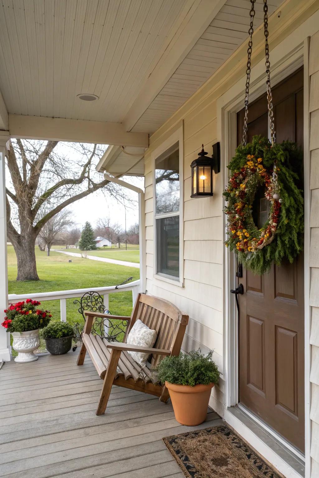 A seasonal wreath adds instant cheer to the porch entrance.