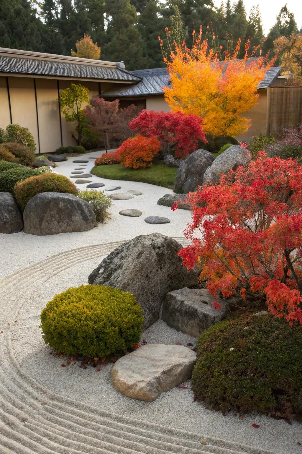 Burning bushes add vibrant color to serene zen gardens.