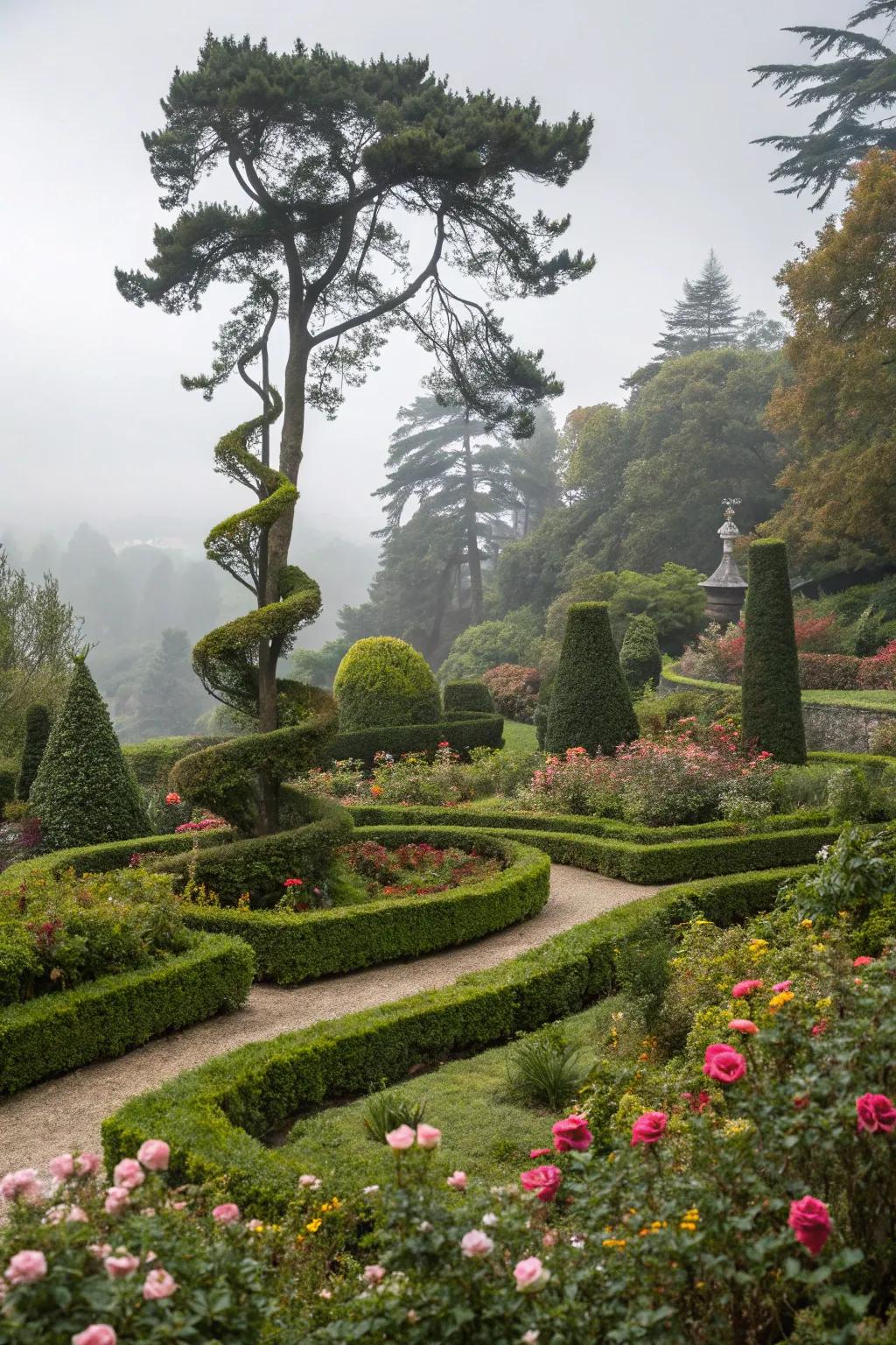 Whorled bush shapes bring a whimsical, fairy-tale quality to gardens.