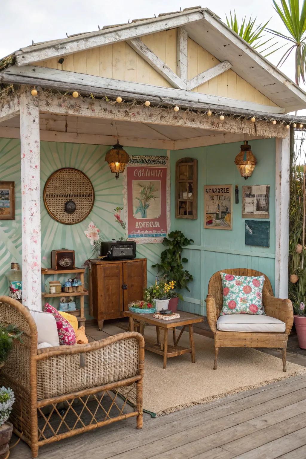 A vintage-style cabana featuring retro furniture and nostalgic decor for a quaint feel.
