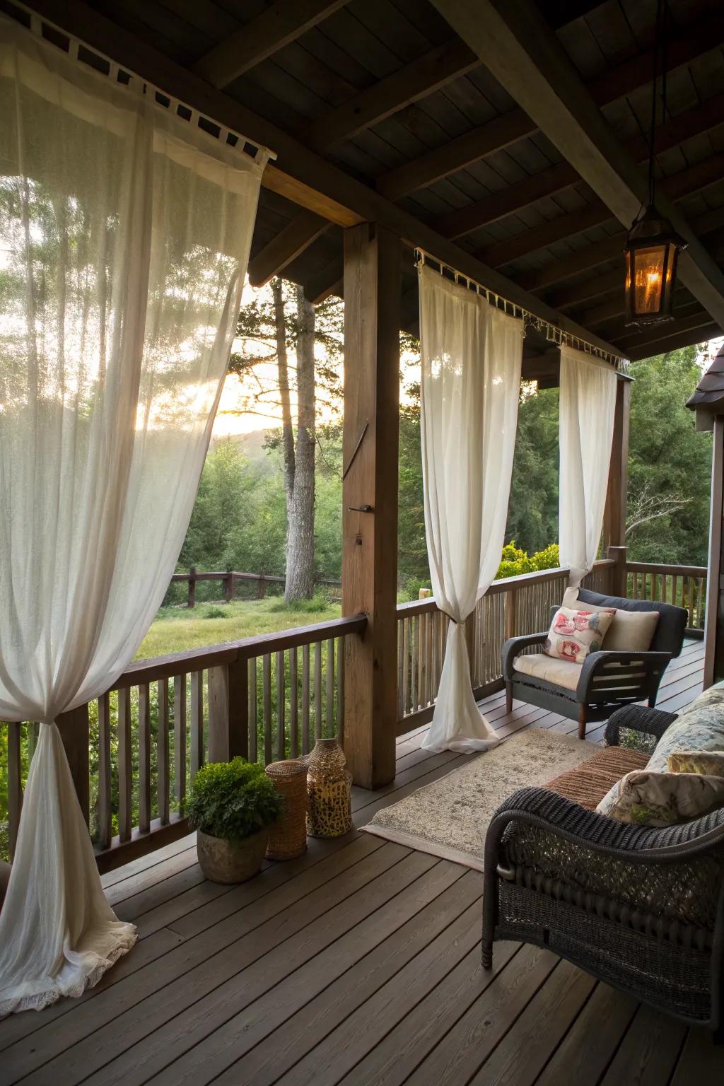Outdoor curtains offer elegance and privacy.