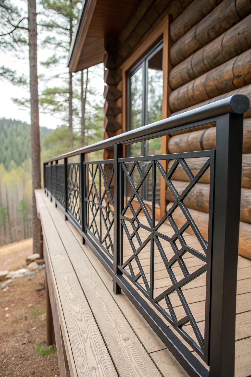 Geometric pattern railing adding a modern twist to cabin charm.