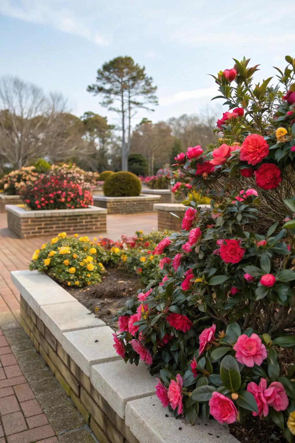 Integrated garden beds with camellias provide continuous beauty.