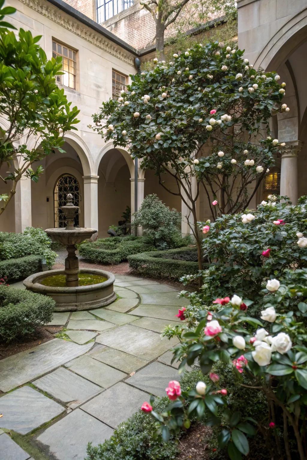 Camellia-centric courtyards offer intimate garden retreats.