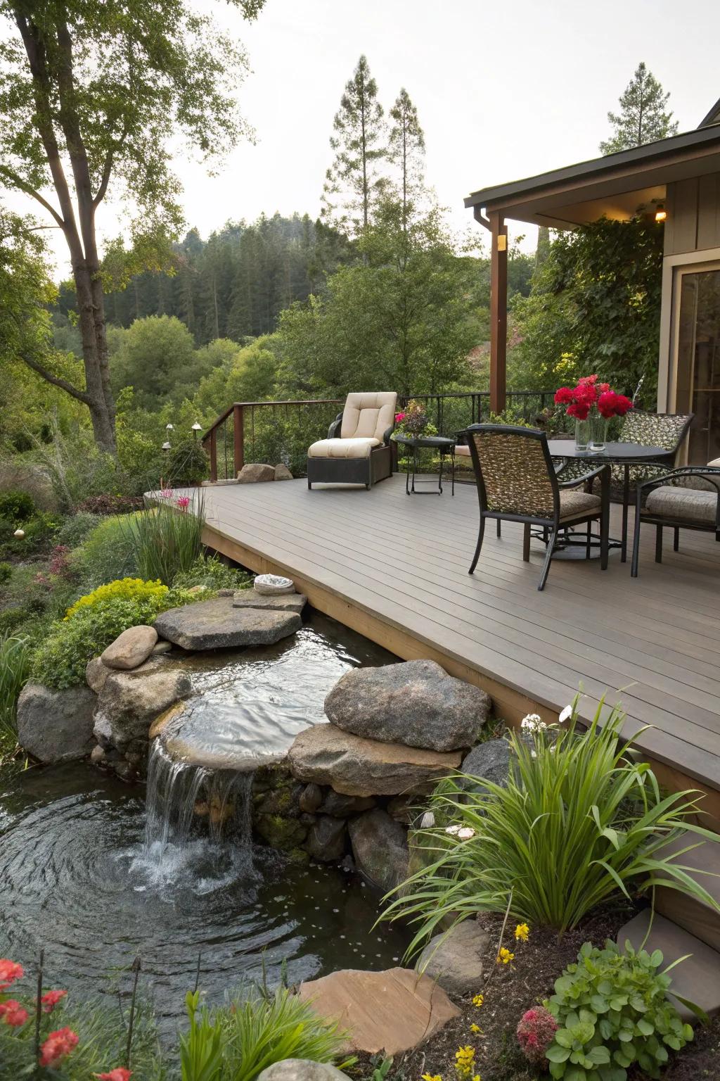 A water feature creates a serene ambiance on this deck