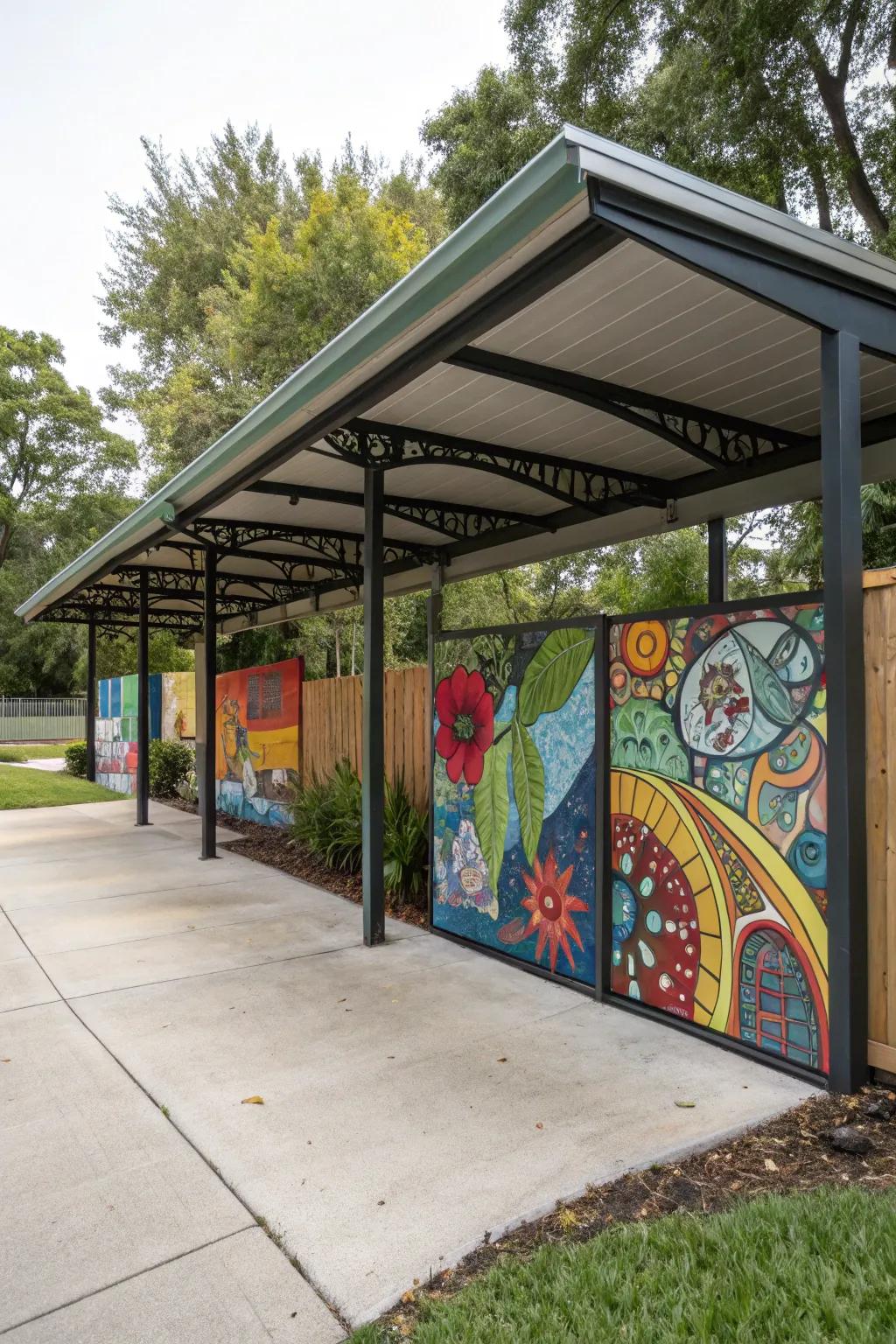 Artwork panels provide a unique, artistic solution for carport privacy.