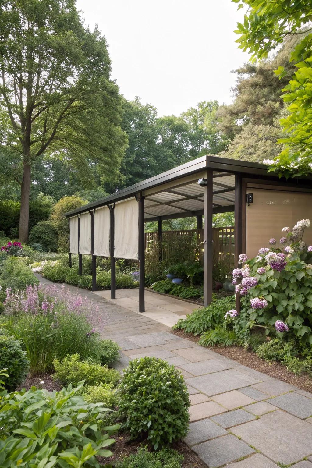 Privacy screens offer adjustable shade and seclusion.