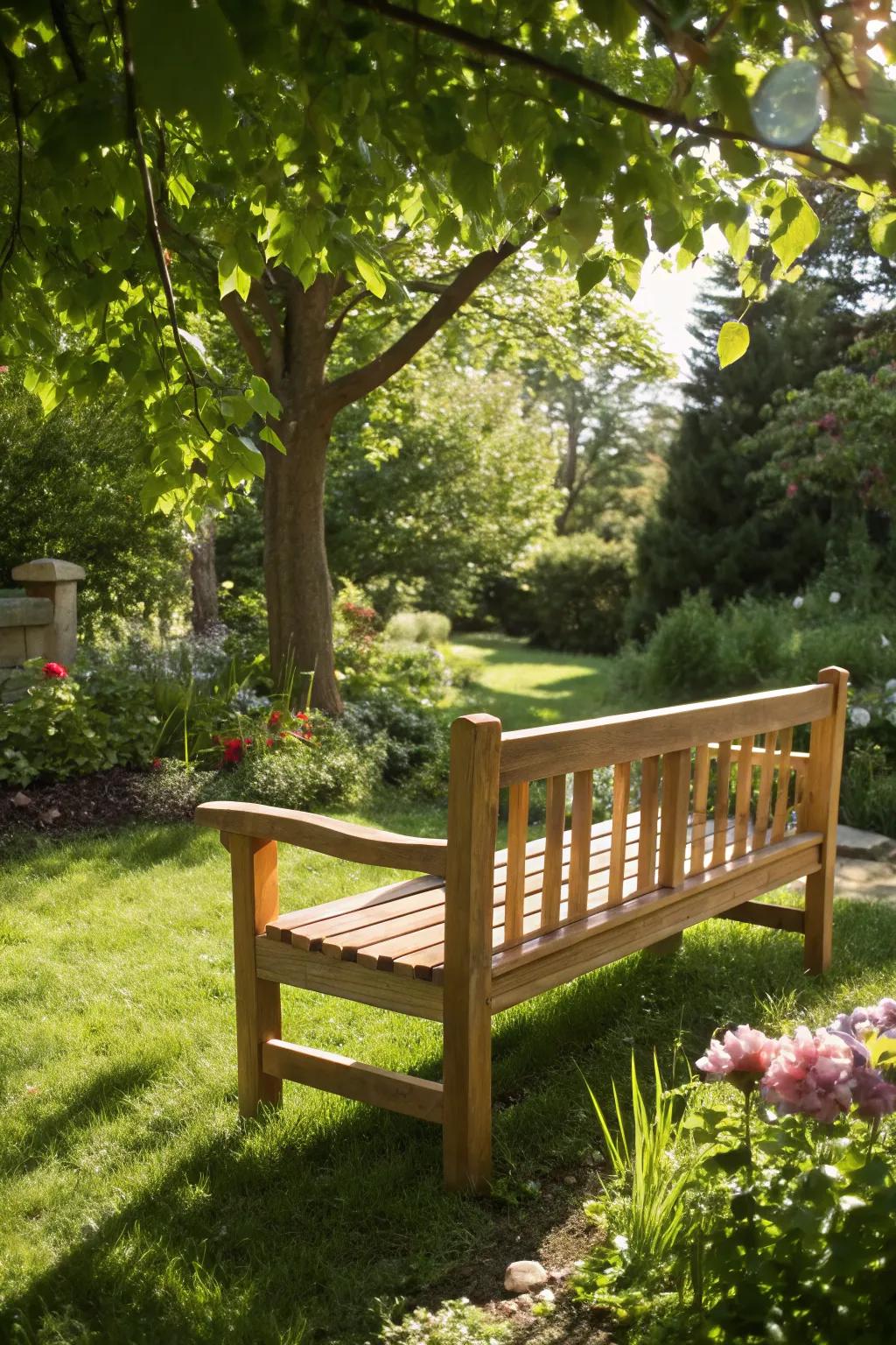 A backless cedar bench offers an open and airy seating option.