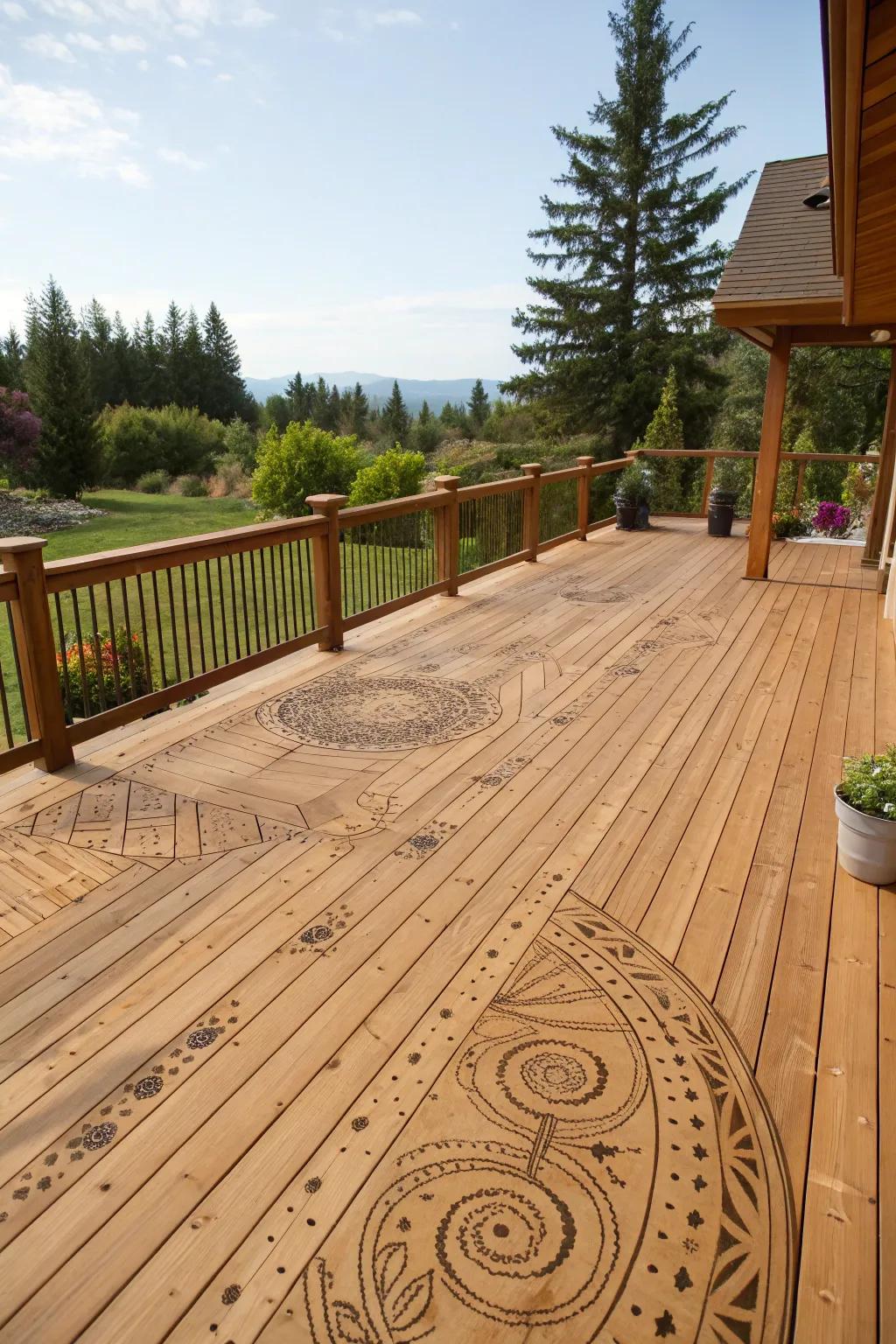 Artistic patterns add a unique flair to this cedar deck.