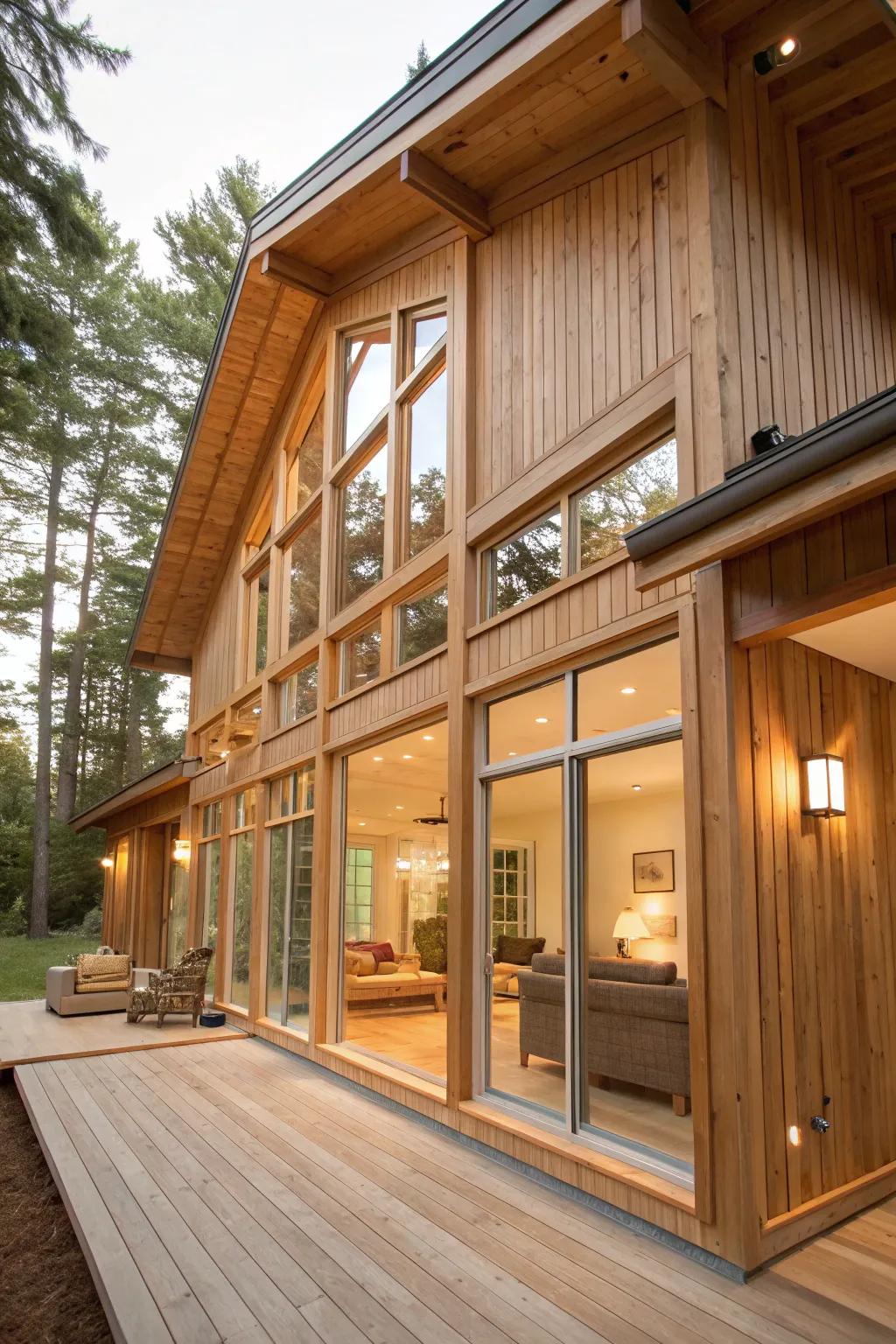 A cedar sided house featuring large windows that flood the interior with natural light.