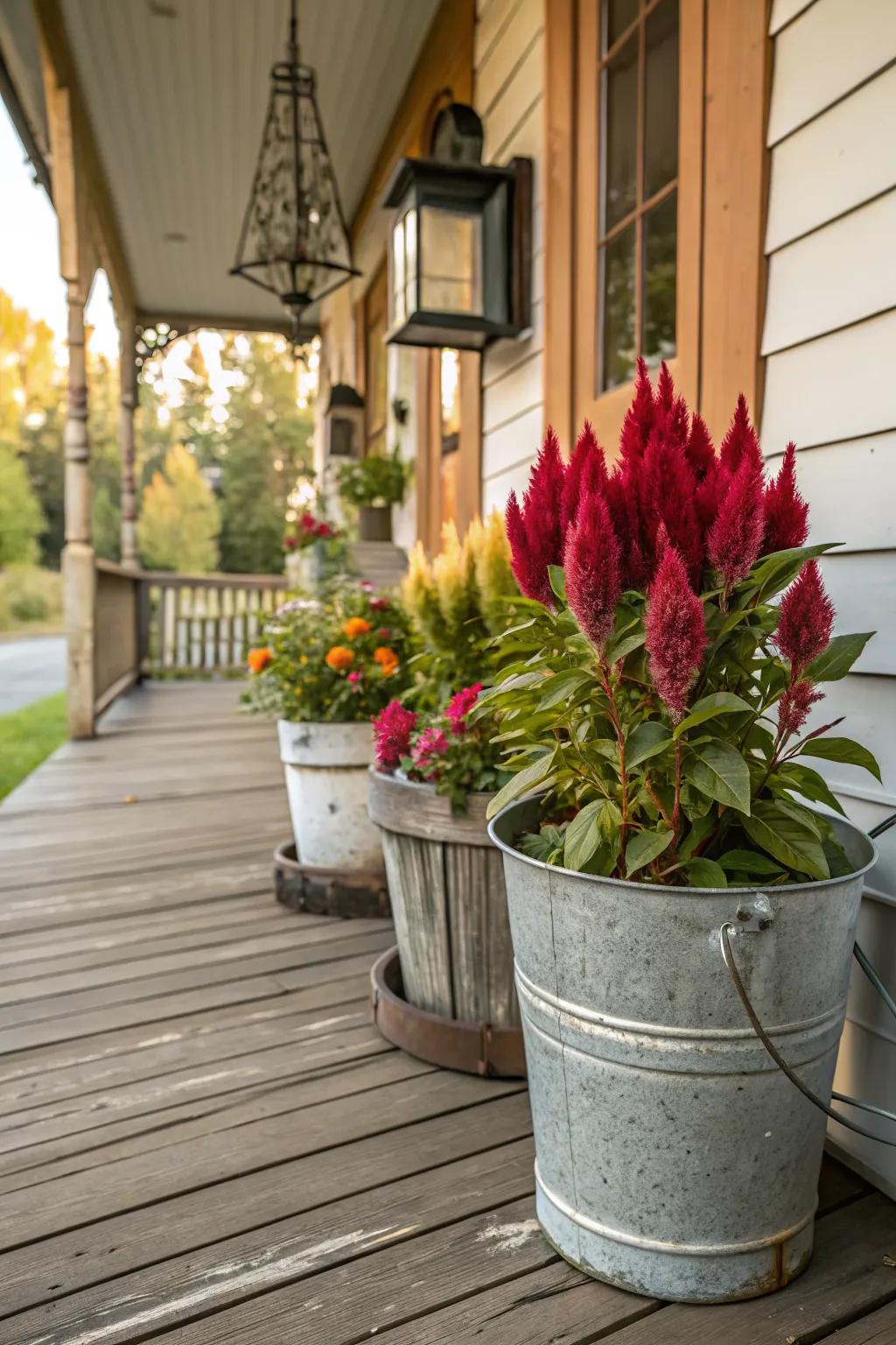 Metal buckets offer a rustic home for celosia.
