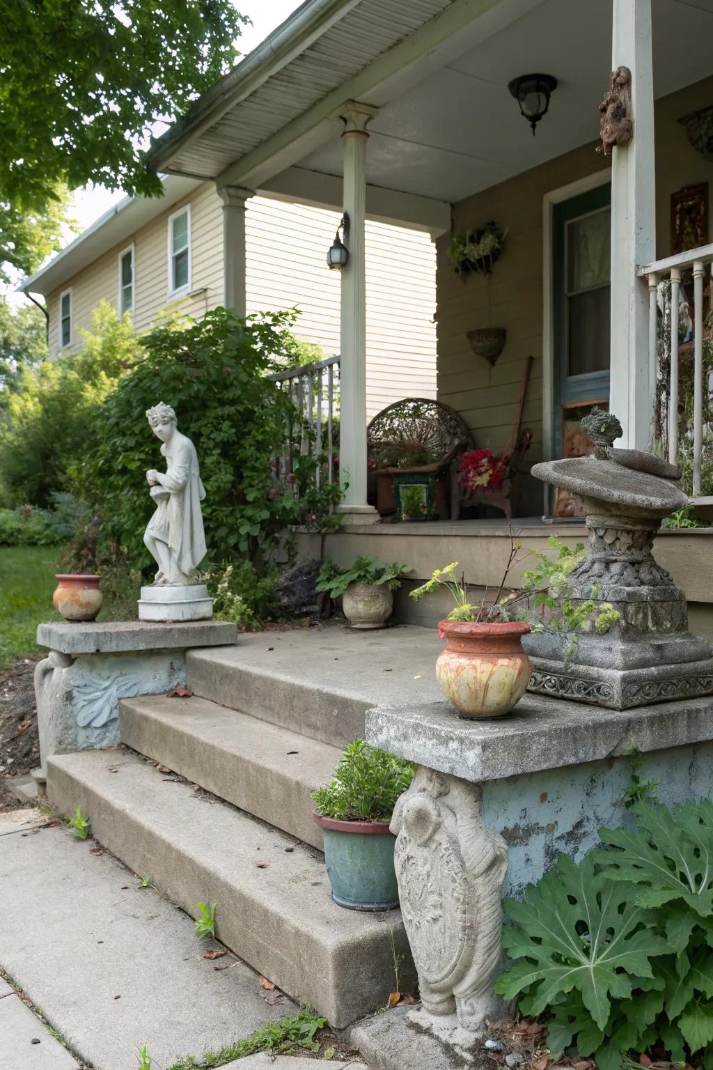 Outdoor art installations add uniqueness and personality to your cement porch.