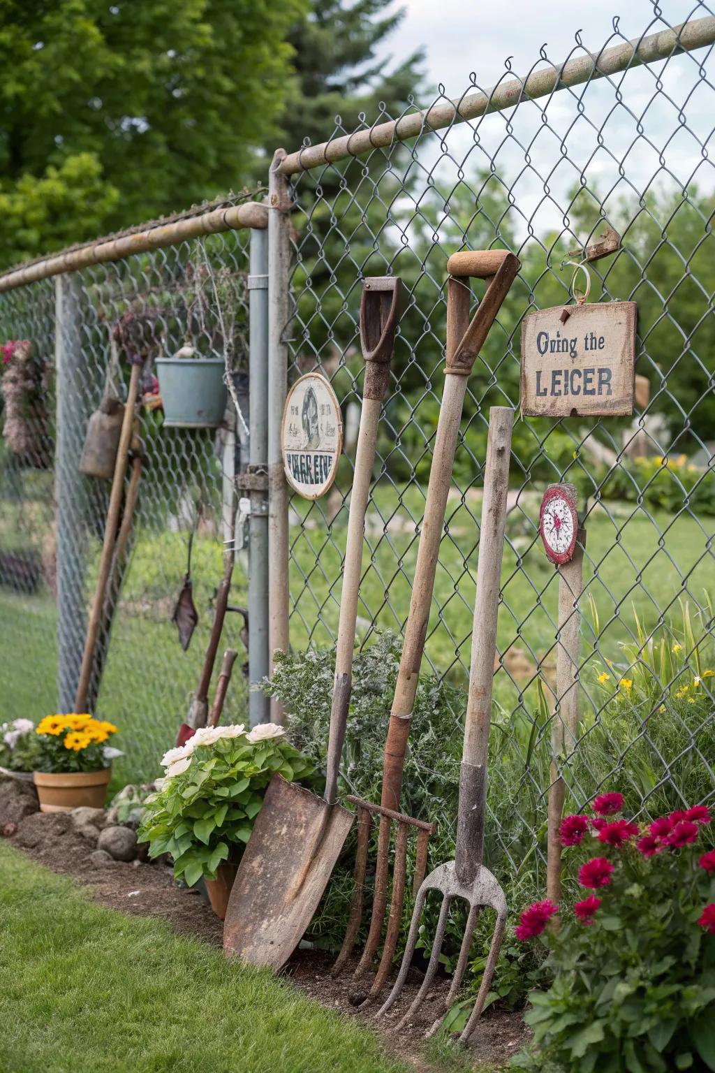 A quirky collection display adds a unique personal touch to chain link fences.