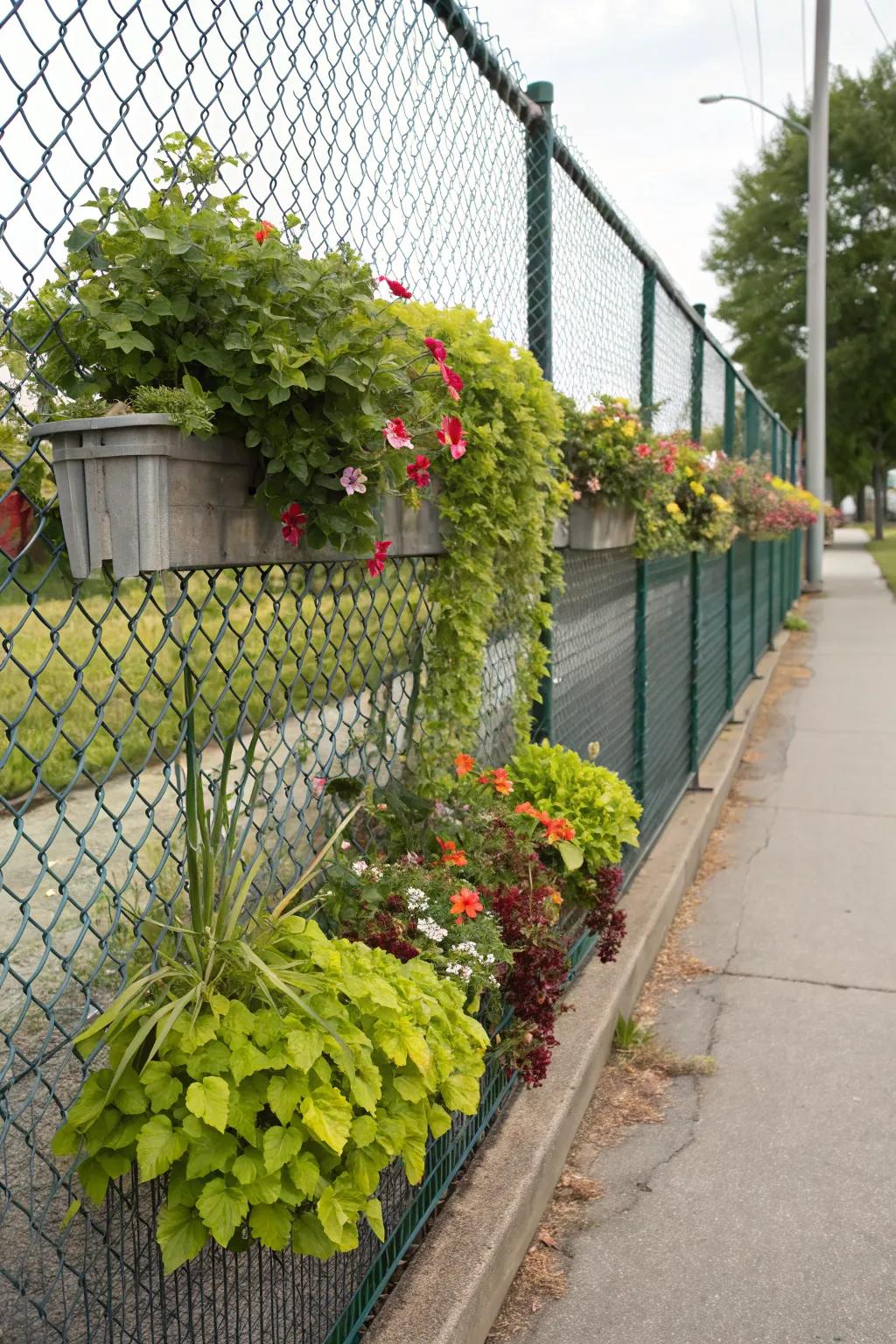 Box planters create a living privacy screen with cascading greenery.