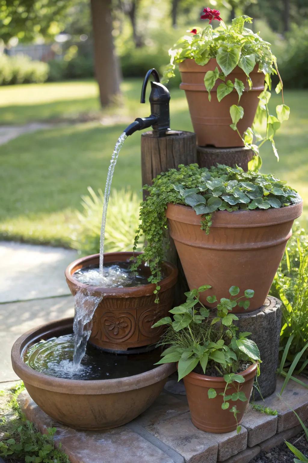 Repurposed items make for soothing water features.