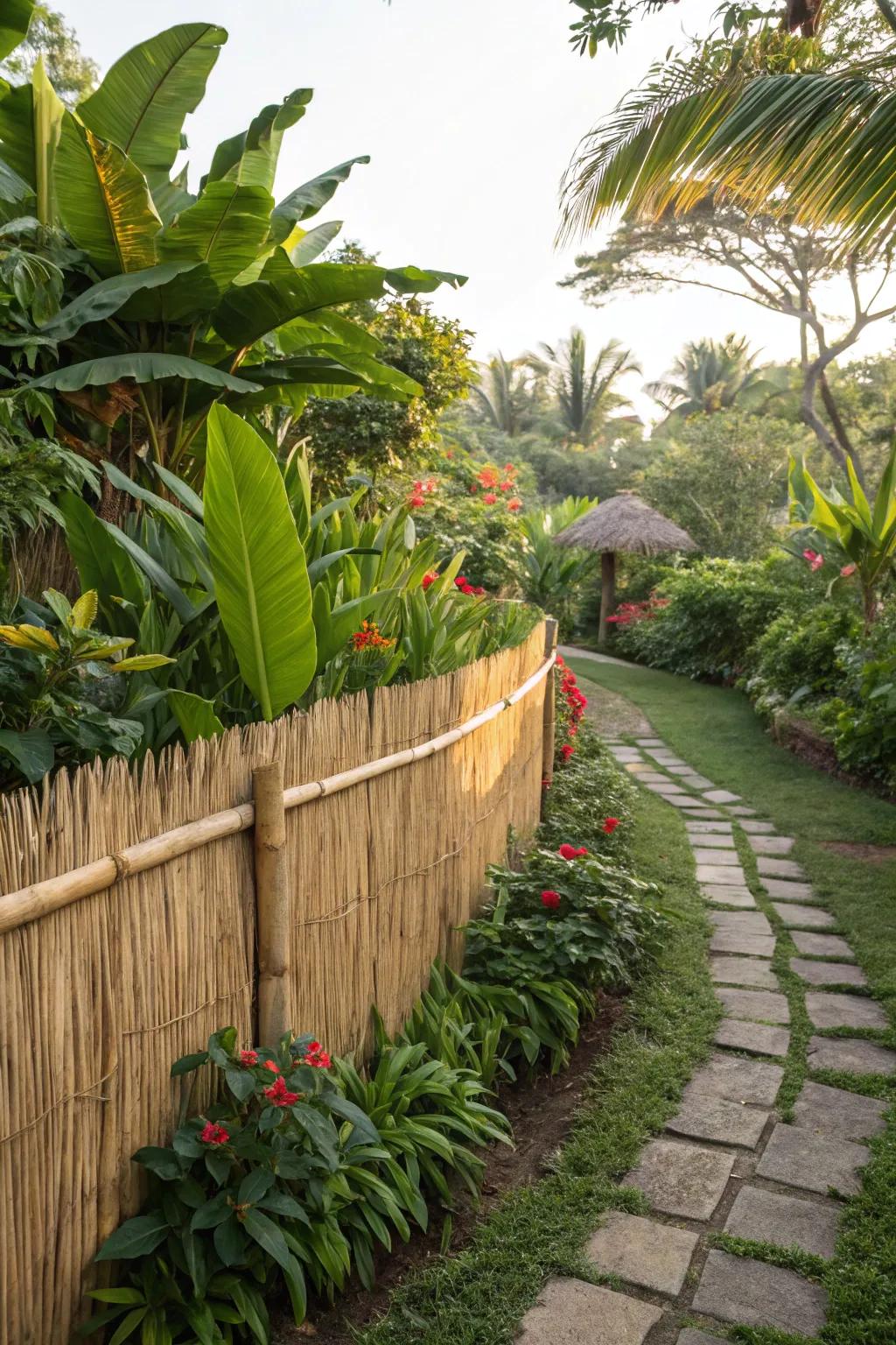 Reed fencing adds a touch of the tropics to garden borders.