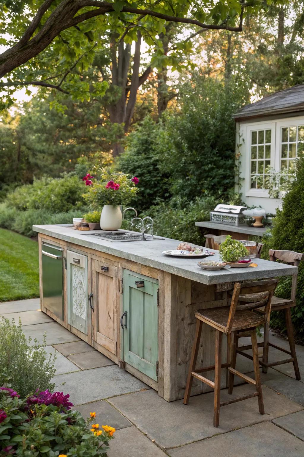 Repurposed doors as countertops add charm and conversation to outdoor kitchens.