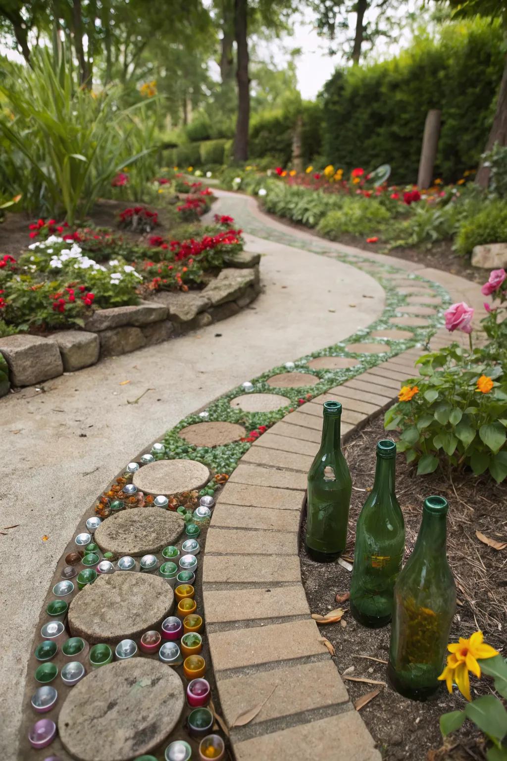 Glass bottle paths offer a colorful and eco-friendly garden feature.