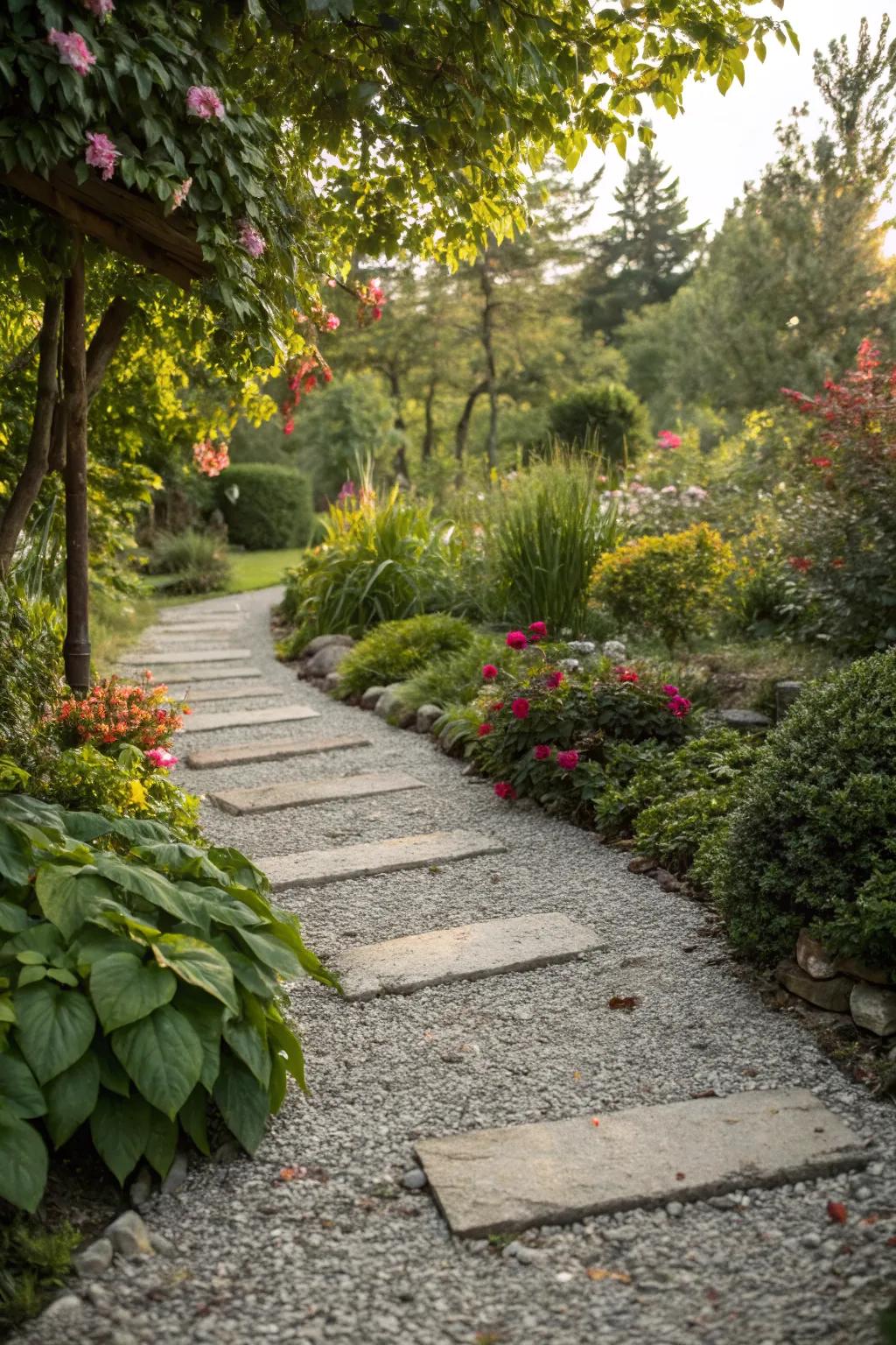 Gravel and steppers create a relaxed and inviting garden path.