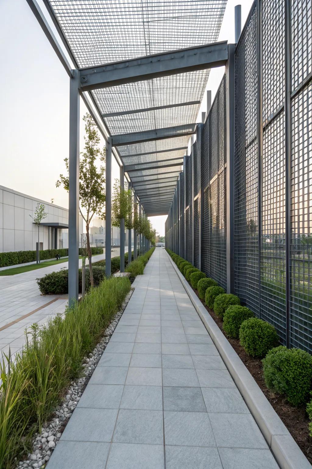 Metal grids offer a modern, industrial pathway solution.