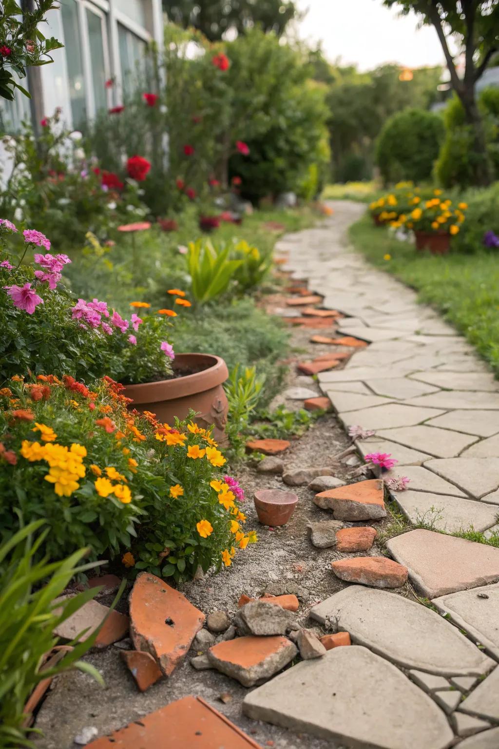 Broken clay pots make for a creative and colorful path border.
