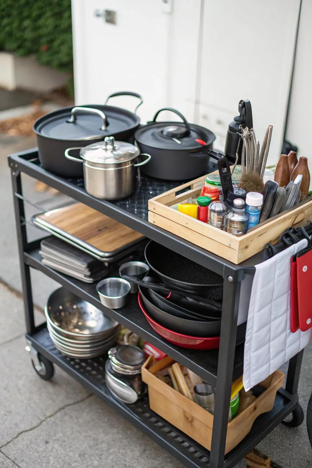 A portable kitchen cart provides additional storage and prep space.