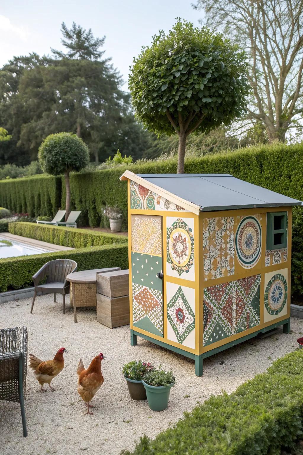 A modern chicken coop featuring chic geometric patterns.