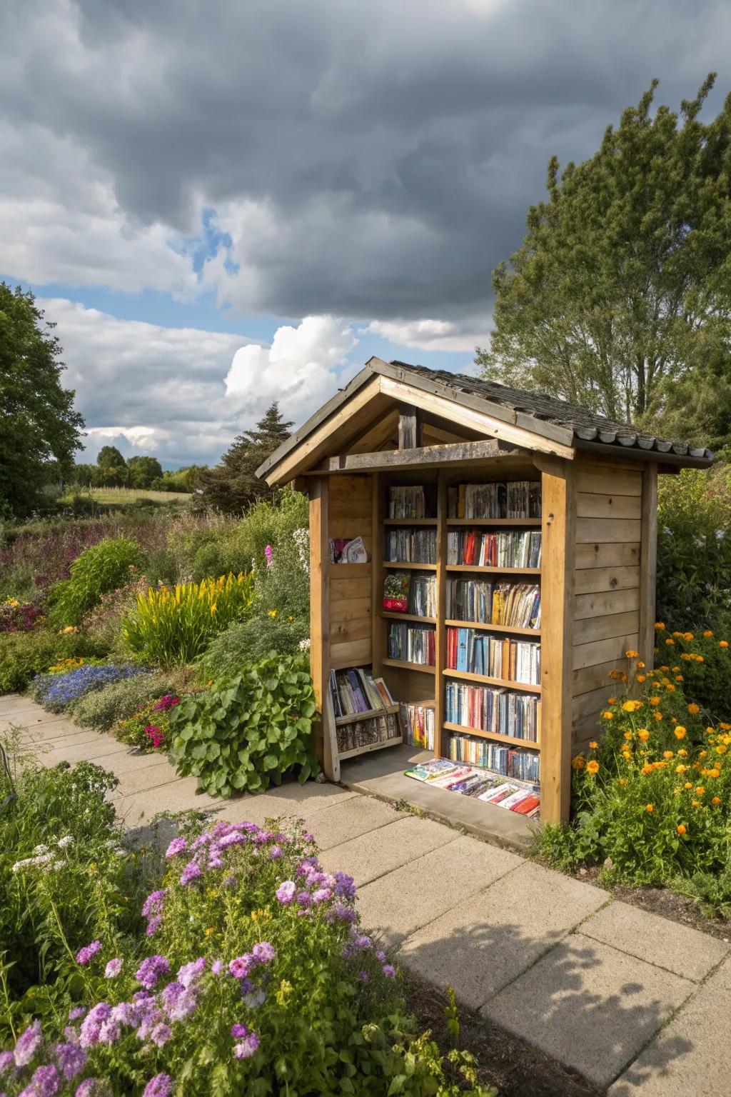 An outdoor library creates a peaceful reading nook for young bookworms.