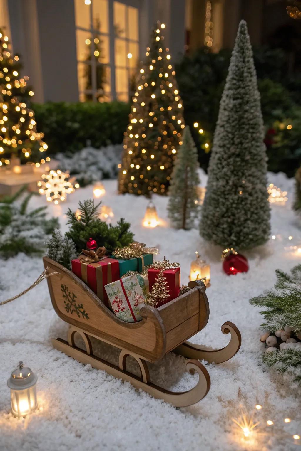 A tiny sleigh brings classic holiday magic to your garden.