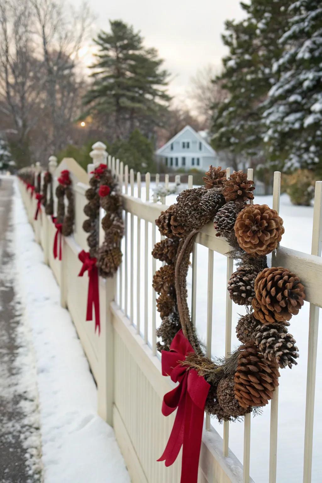DIY pinecone wreaths add a personal and rustic touch to the fence.