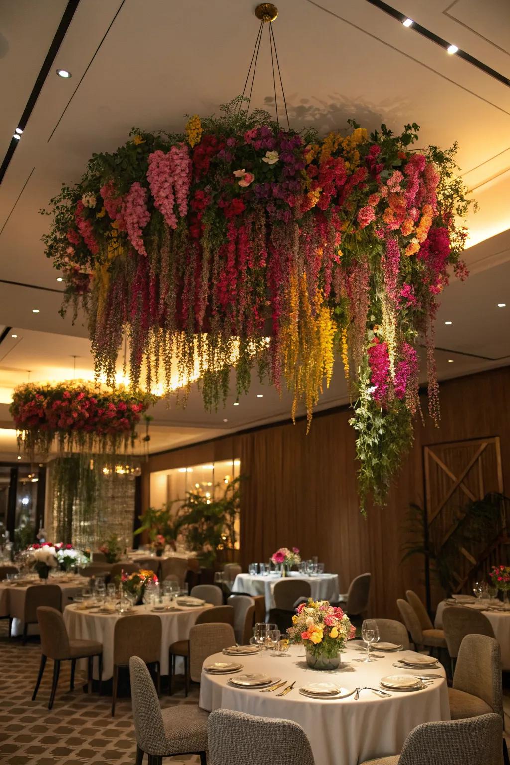 A dining space elevated by a dramatic installation