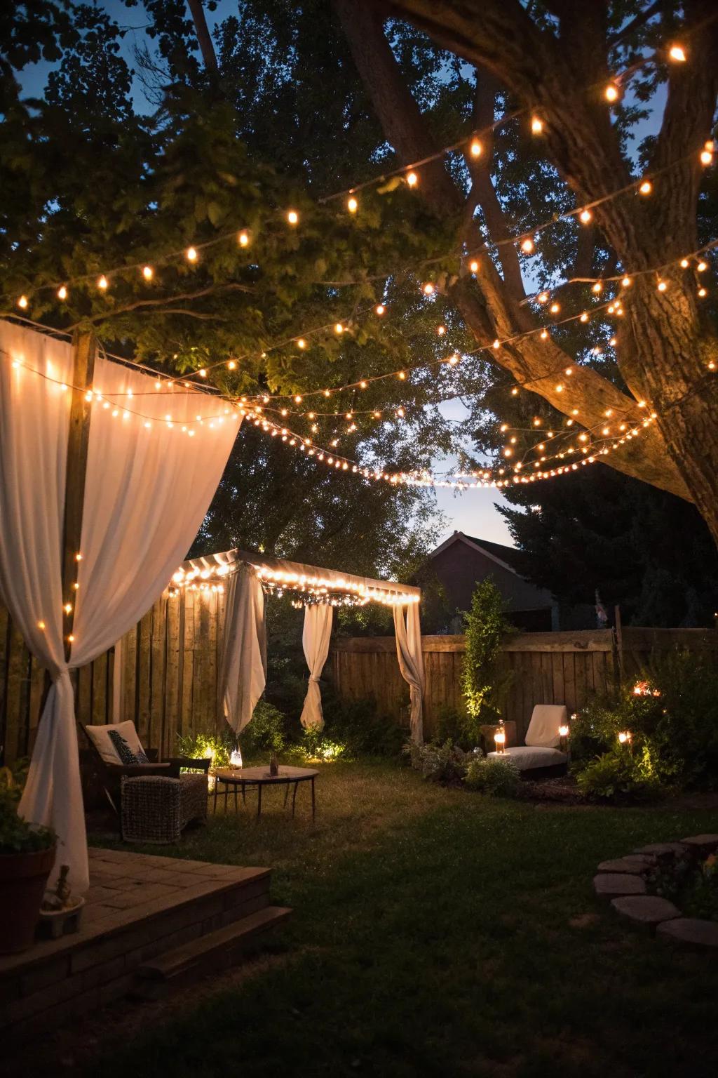 A twinkling canopy of lights sets a magical scene for holiday gatherings.
