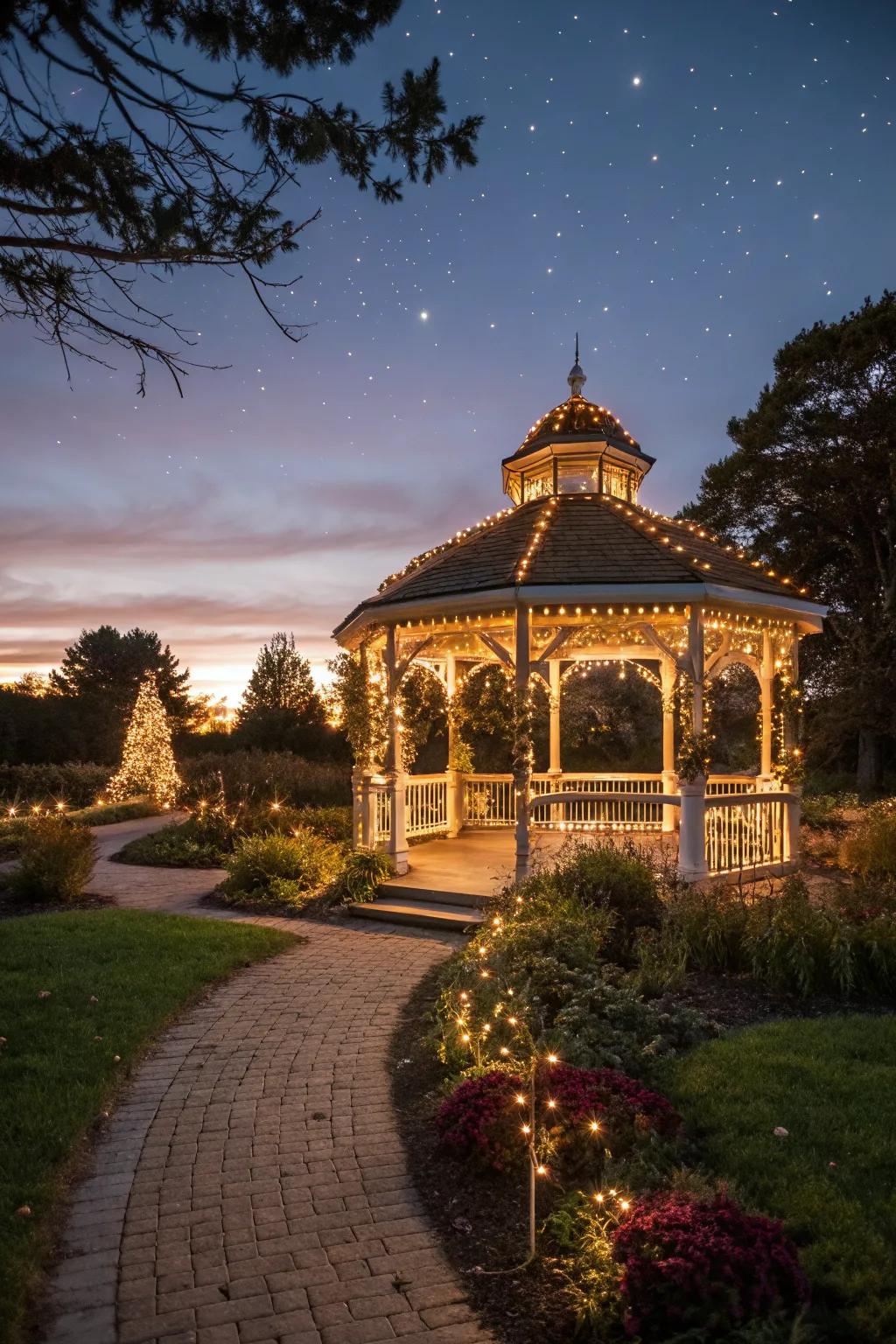 A gazebo transformed into an enchanting holiday retreat.