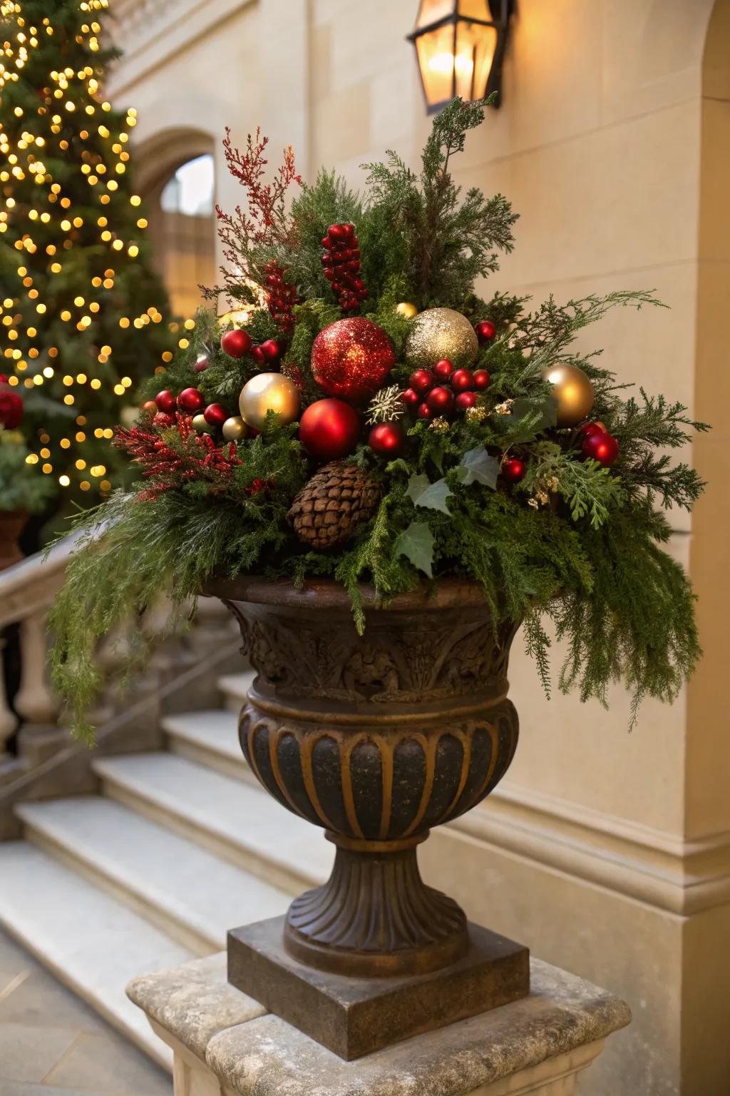 A mix of baubles adds festive texture.