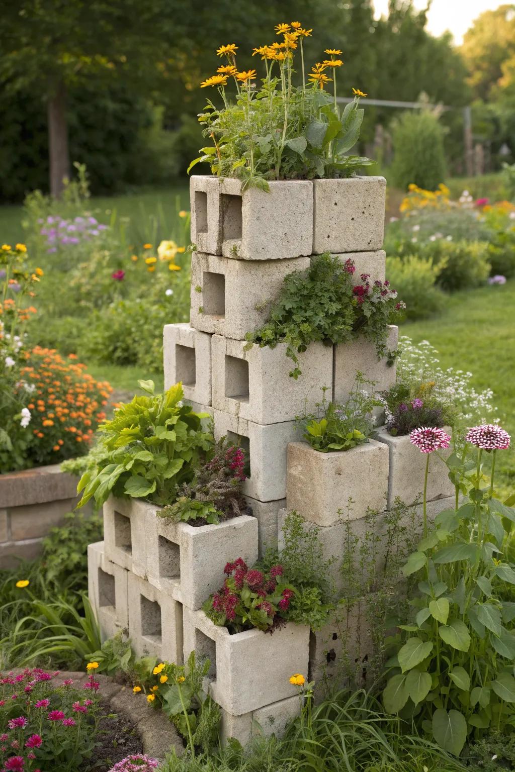 Artistic cinder block sculptures bring a modern art vibe to your garden space.