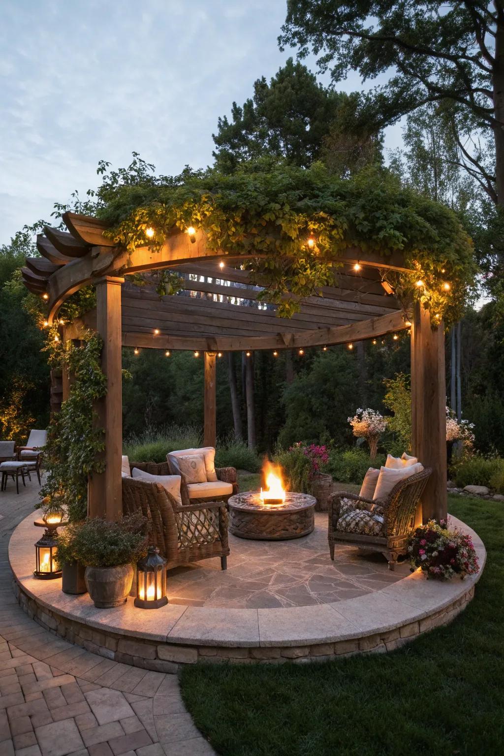 A circular pergola creates an intimate and elegant enclosure for the fire pit.